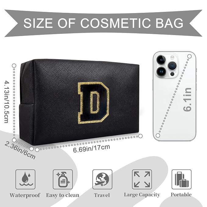 Personalized Initial A-Z Preppy Patch Makeup Bag,Small PU Chenille Letter Cosmetic Bag with Zipper for Teen Girls,Black Cute Toiletry Organizer Bag,Monogram Makeup Case Gift for Women Girls,Letter D