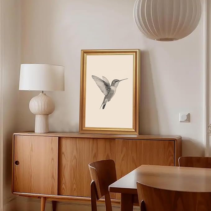 JLTULT Vintage Hummingbird Wall Art, Gold-Tone Framed Canvas, 16 x 24 In | Black-and-white hummingbird art on fade-resistant canvas with a ready-to-hang gold-tone PS frame for bedrooms and offices