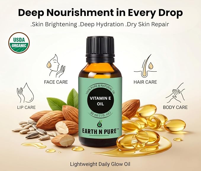 Earth N Pure Vitamin E Oil Therapeutic Grade for Skin, Hair and Nails with Glass Dropper 30 ml