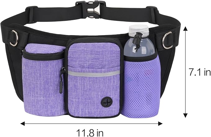 Hands Free Dog Walking Waist Pack with Treat Pouch & Multi-Pockets Oxford Water-Resistant Belt for Hiking Jogging Running (Purple Leash not Included)