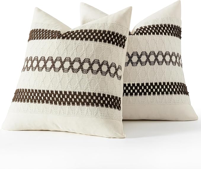 MIULEE Set of 2 Dark Brown Boho Decorative Pillow Covers 18x18 Inch | Fall, Farmhouse Couch Throw Pillows, Modern Spring Cotton Cushion Covers, Macrame Woven Home Decor for Bed Sofa Chair