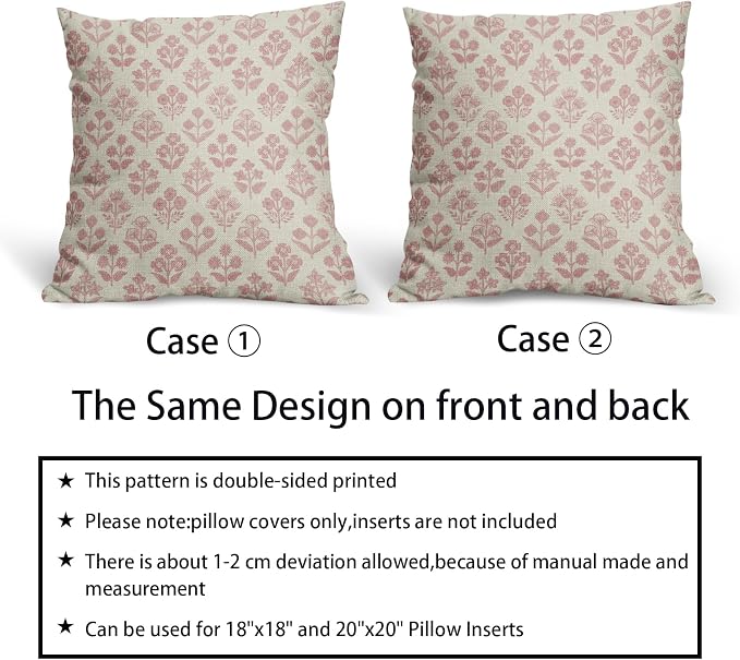 Pink Floral Block Print Pillow Covers 20x20 Inch Set of 2, Vintage Flower Decorative Throw Pillowcases for Home, Bedroom, Living Room, Porch, Office