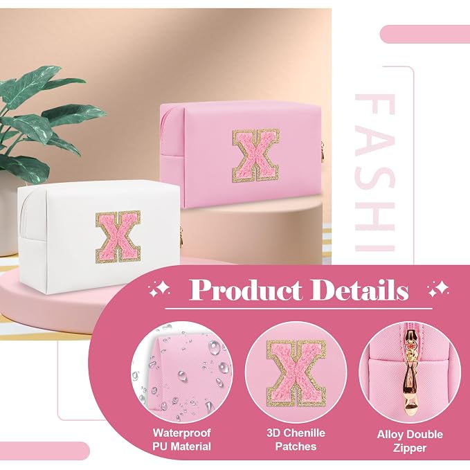 Personalized Initial A-Z Preppy Patch Makeup Bag,Small PU Leather Chenille Letter Cosmetic Bag with Zipper for Teen Girls,Pink Cute Travel Toiletry Bag,Birthday Monogrammed Gift for Daughter,Letter X