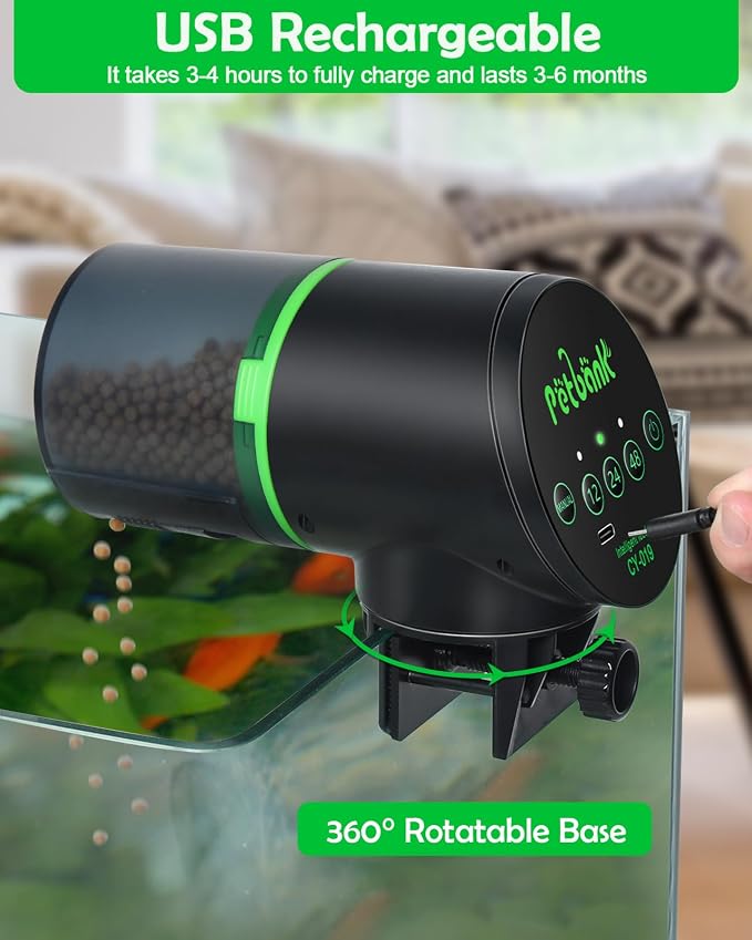 Automatic Fish Feeder for Aquarium Easy Setup & 12/24/48H Interval | 200ML USB-C Rechargeable Auto Food Dispenser for Flakes & Pellets, Vacation Feeding for Small Tank Betta Koi Turtle