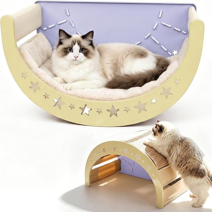 Cat Rocking Bed with Washable Removable Cushion and Sisal Scratching Pads Cat Scratcher Multifunctional Cat Furniture, Purple