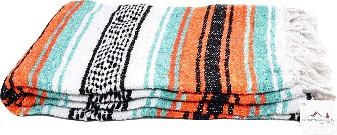 Open Road Goods Bulk Falsa Blankets - Handwoven Authentic Mexican Falsa - Great for Weddings, Yoga, Beach, Picnics, or Mexican Throw! (Mint/Orange, 7 Pack)