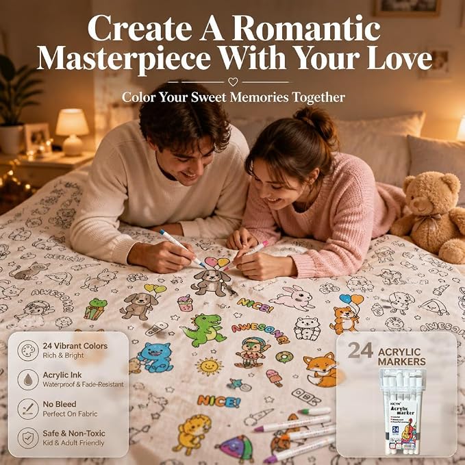 VEELU DIY Coloring Blankets with 24 Colors Markers for Adults | Custom Color In Your Own Blankets With 24 Colors Markers, Snuggle Color Sketch Washable Blankets Kit Home Decor
