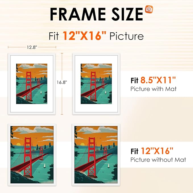 12x16 Picture Frame White Set of 2, Photo Frame with HD Plexiglass, Display Pictures 8.5x11 with Mat or 11x17 Without Mat, White Picture Frames Collage Wall Decor, Gallary Wall Frame