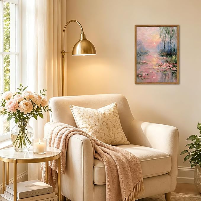 Framed Vintage Monet Canvas Wall Art, Pink Water Lilies Floral Pictures Wall Decor, Impressionist Sunset Landscape Paintings Prints Nature Aesthetic Artwork for Living Room Bedroom 12x16 inch