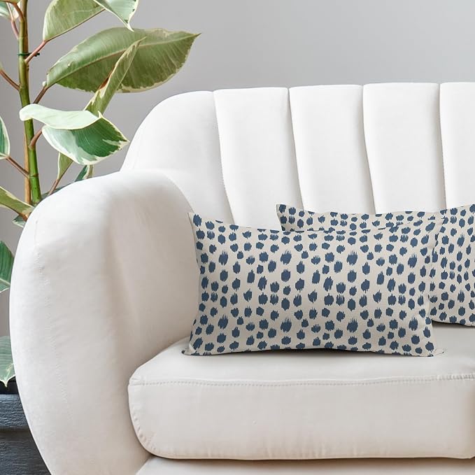 Dusty Blue Cream Pillow Covers 12x20 Set of 2 Boho Design Polka Dot Throw Pillows Modern Brush Strokes Print Decorative Outdoor Pillowcase Lumbar Cushion Cover Linen Pillow Case for Sofa Couch Bed