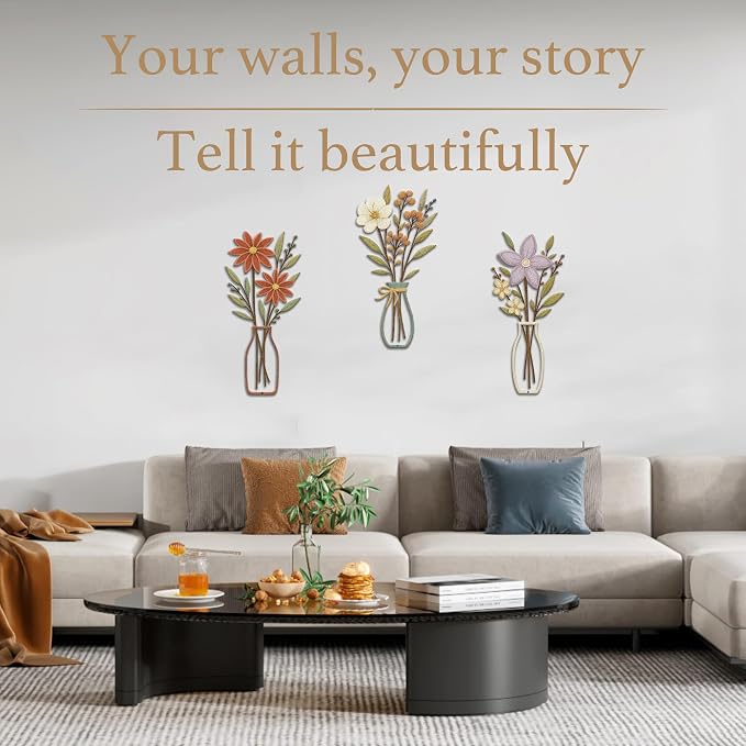 3 Piece Metal Flower Wall Art for Bedroom Living Room Rustic Farmhouse Floral Wall Decor for Bathroom Dining Room Boho Home Decorations Modern Minimalism Walls Hanging Sculptures(Red Purple)