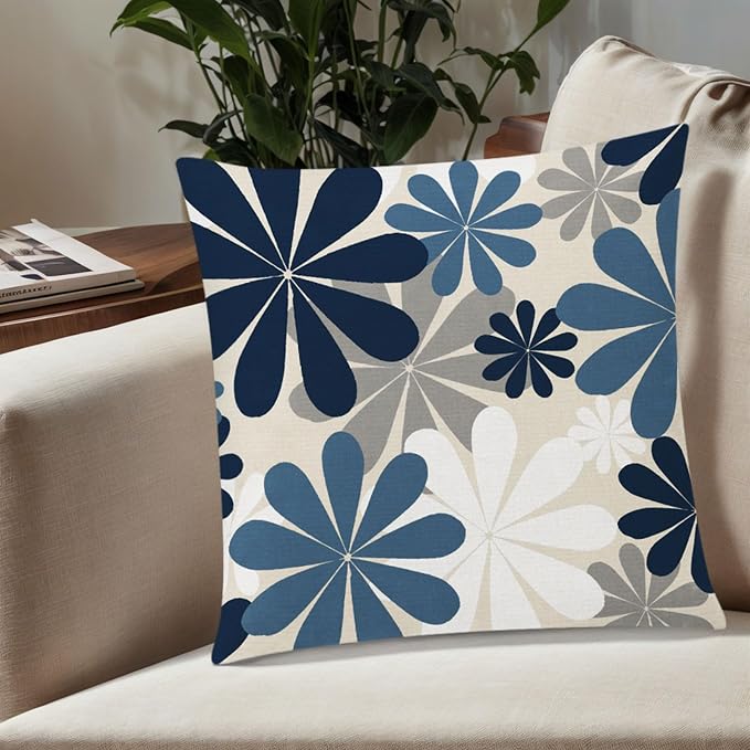 Blue Beige Throw Pillow Covers 18x18 Set of 6, Daisy Floral Linen Decor | summer spring Decor, farmhouse cushion cover, Standard Throw Pillow Size, Breathable Linen, Couch Sofa Living Room