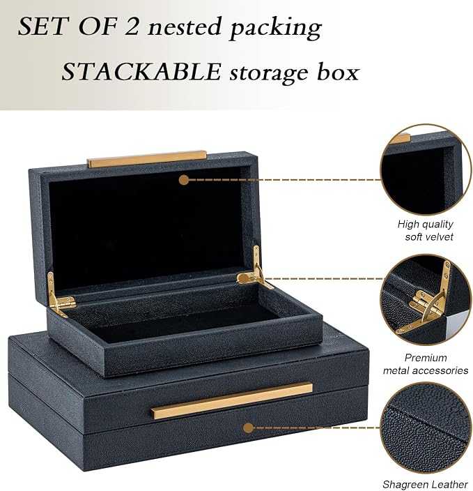 Set of 2 Black Shagreen Storage Boxes with Gold Metal Handles – Faux Leather Jewelry Organizer, Nesting Decorative Box for Photos, Memory Keepsake, Home & Office Decor