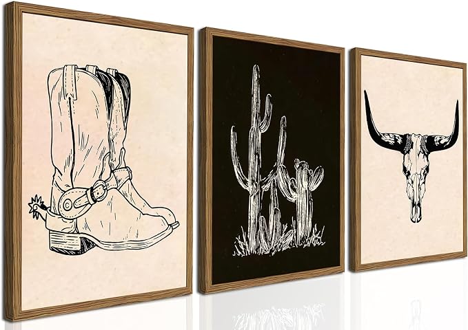 Vintage Western Wall Art Set of 3, Southwestern Cowboy Wall Decor Paintings, Black and White Longhorn Bull Skull Canvas Prints for Bedroom Living Room 16x24 inch Wood Framed