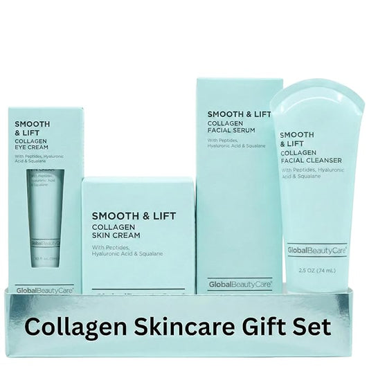 Global Beauty Care Smooth & Lift Collagen Skin Care Set - Hydrating & Firming Facial Cleanser, Serum, Eye Cream & Face Cream with Peptides & Hyaluronic Acid, Complete Face Care Routine, 4-Piece Set