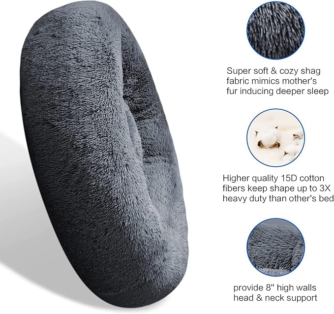 SAVFOX 20 inches Calming Donut Dog Bed - 3X Durable Plush Faux Fur, Machine Washable & Non-Slip, Fits up to 15 lbs, Dark Grey