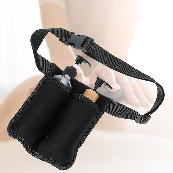 ElevateTech Massage Bottle Bag, Lotion Oil Waist Holder Organizer Adjustable Durable Black Portable Storage Pouch Belt Hanging Easy Access Accessories Gifts (Double-Sided)