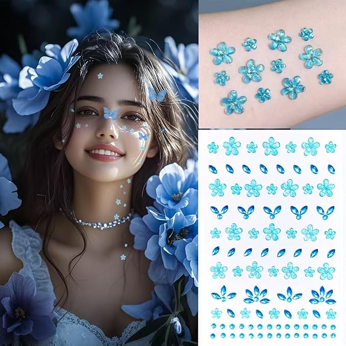Flower Face Tattoo Sticker Blue Face Gems Summer Face Jewelry for Girls- Self-Adhesive Rhinestones for Eyes, Face, Nail Body – Festival Halloween Christmas Cosplay Makeup Decoration (blue)