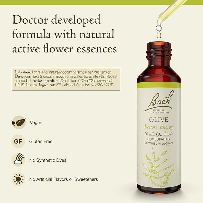 Bach Original Flower Remedies, Olive - Restore Energy - Natural Homeopathic Flower Essence for Emotional Balance - Vegan, Gluten Free, Sugar Free - 20mL Dropper