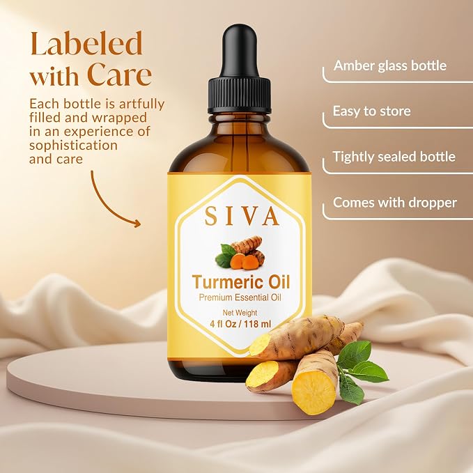 Siva Turmeric Essential Oil 4 Fl Oz – for Diffuser, Skin & Hair Care – Ideal for Massage & DIY Blends- with Dropper