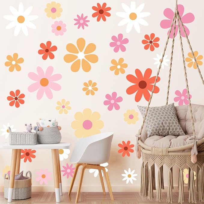 TaoBary 12 Sheet Daisy Wall Sticker Decal,Bright Color,Bright Style | Big Flower Wall Sticker, Pink White Floral Decal, Daisy Bedroom Room Decor, Removable Peel and Stick, Nursery Home Wall Decor