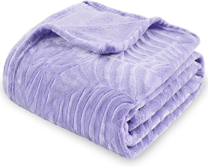 Super Soft Flannel Fleece Throw Blanket, 50 x 60 Inches, Lilac | Lightweight Cozy Warm Leaves Textured Plush Blanket for Bed Couch Sofa