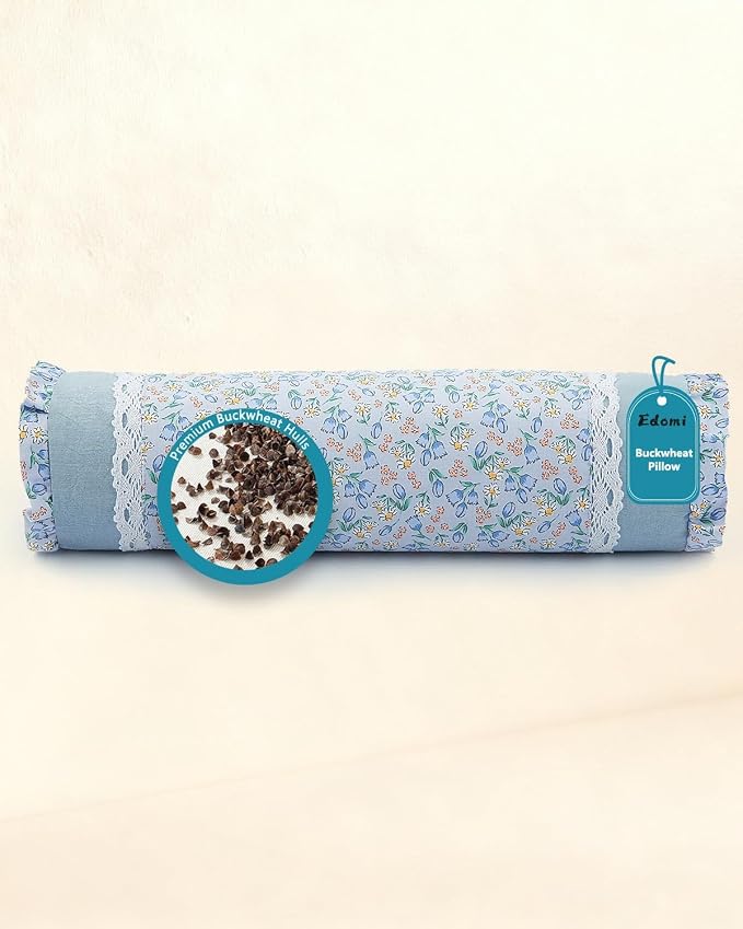 Buckwheat Hull Neck Roll Pillow -15.7" x4.7” Adjustable Firmness Cervical Support for Sleep & Yoga, Cooling Floral Cotton Cover, Ergonomic Bolster Pillow, Blue