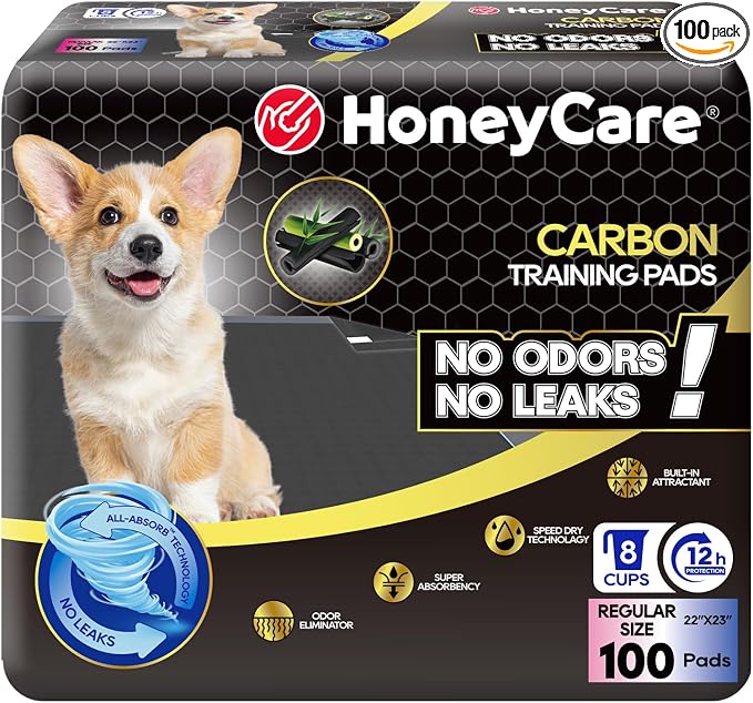 HONEY CARE All-Absorb Puppy Training Pads | Doggie Potty Pads Absorb Eliminating Urine Odor, Ultra Charcoal Dog Pee Pad (Carbon, L 22x23 inch, 100ct)