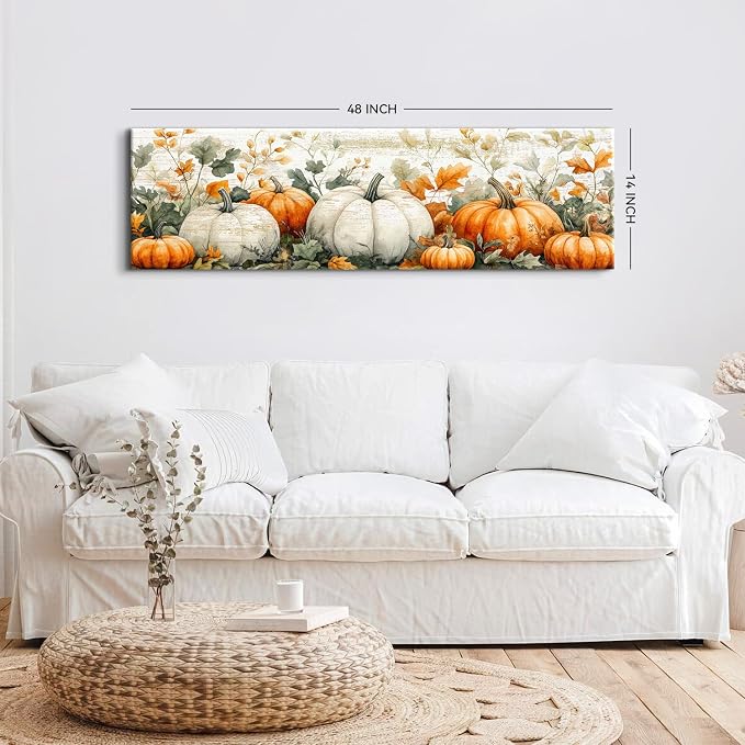 Pumpkin Canvas Wall Art Fall Picture Botanical Wall Decor for Kitchen Living Room, Rustic Flowers Scenic Prints Painting Holiday Decorations Watercolor Autumn Flowers Painting Poster Artwork 14x48”
