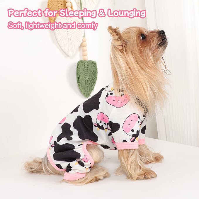 DaFuEn Dog Pajamas for Small Dogs, Soft Stretchy 4 Legs Puppy Jumpsuit, All Season Cozy Pet PJs for Chihuahua Yorkie Teacup Dogs, Cat Clothes (Pink Cow, L)