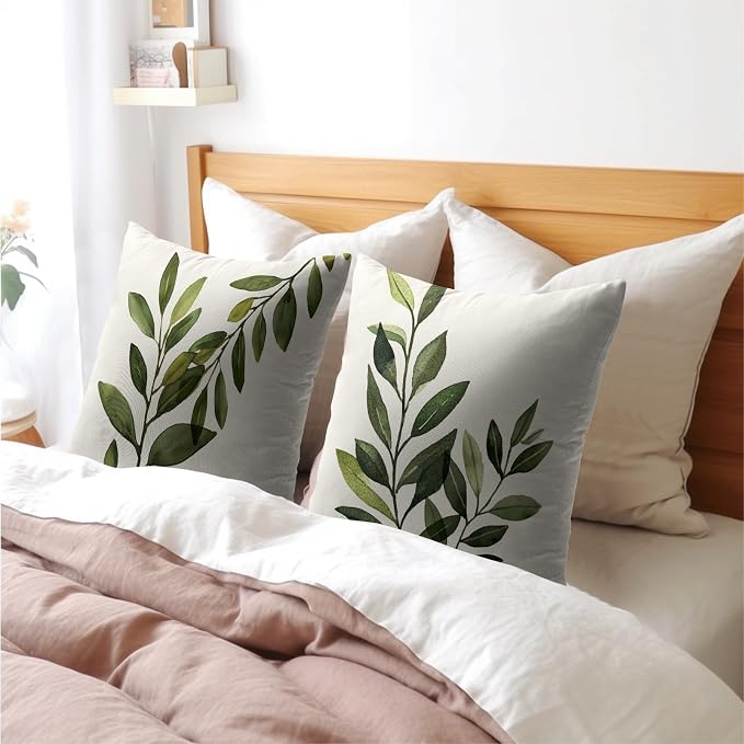 Kawani Sage Green Throw Pillow Covers 20x20 Set of 2 Spring Botanical Plants Leaves Decorative Pillow Cases Double Side Printed Cotton Linen Cushion Cover for Couch Sofa Home Decor