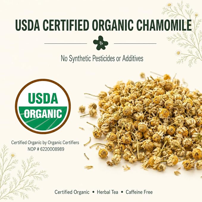 J Mac Botanicals Organic Chamomile Flowers (16 oz) – Whole Egyptian Chamomile Loose Leaf Herbal Tea, Caffeine-Free, Premium Dried Chamomile Flowers for Tea, Baths & Blends
