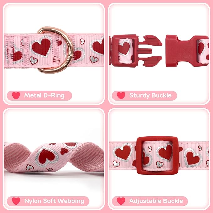 azuza Dog Collar Adjustable Spring Dog Collars Gift with Removable Bowtie & Lovely Pink Heart Pattern for Medium Dogs