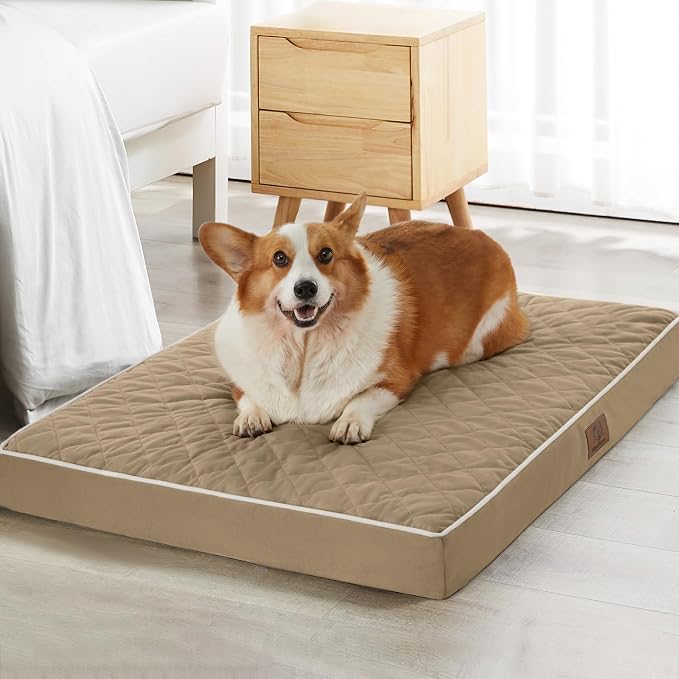WNPETHOME Orthopedic Waterproof Large Dog Bed for Crate Cozy Sleep | Washable Large Pet Bed with Removable Cover, Multi-Needle Quilting Dogs Crate Beds Brown 35x22 Inch