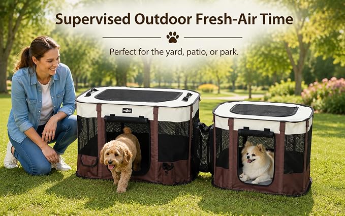 Paw Ballet 2-in-1 Dual-Zone Pet Playpen for Cats & Small Dogs, Portable Indoor Outdoor Pet Enclosure with Connected Rest & Feeding Areas, Foldable Pet Tent with Carrying Bag