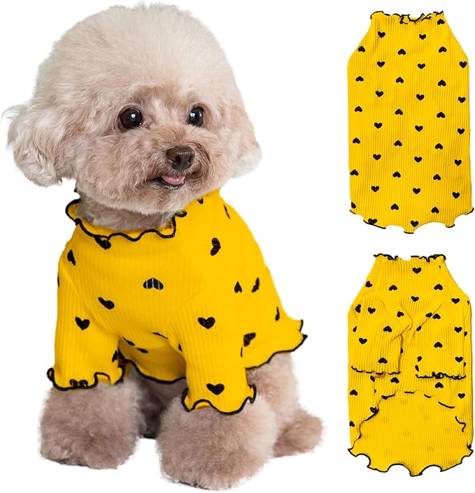 Pet Clothes for Small Dogs Cat Summer Fall Heart Print Shirt Stretchable Ruffle Long Sleeve Outfits for Chihuahua Schnauzer Shih Tzu Yorkie (Yellow, X-Small)