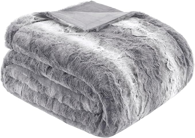 Madison Park Zuri Ultra Soft Faux Fur Twin Blanket Reversible, Grey | Ultra Soft, Breathable Fabric for Bed or Couch, Lightweight, Plush, OEKO-TEX Certified