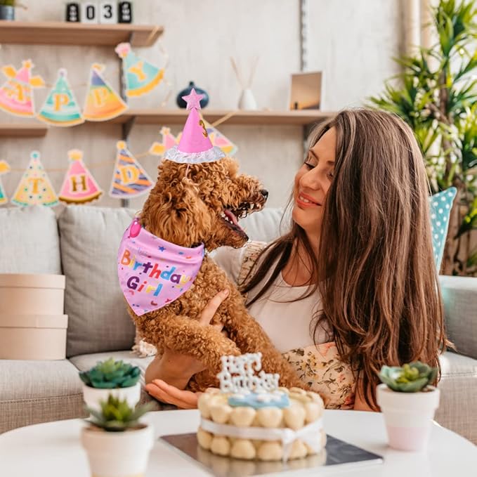 Dog Birthday Decorations,Dog Birthday Hat with Numbers,Dog Bandana | Dog Birthday Bandana for Large Medium Small,Pet Supplies (Pink), Dog Birthday Party, Soft, Breathable, Long-Lasting