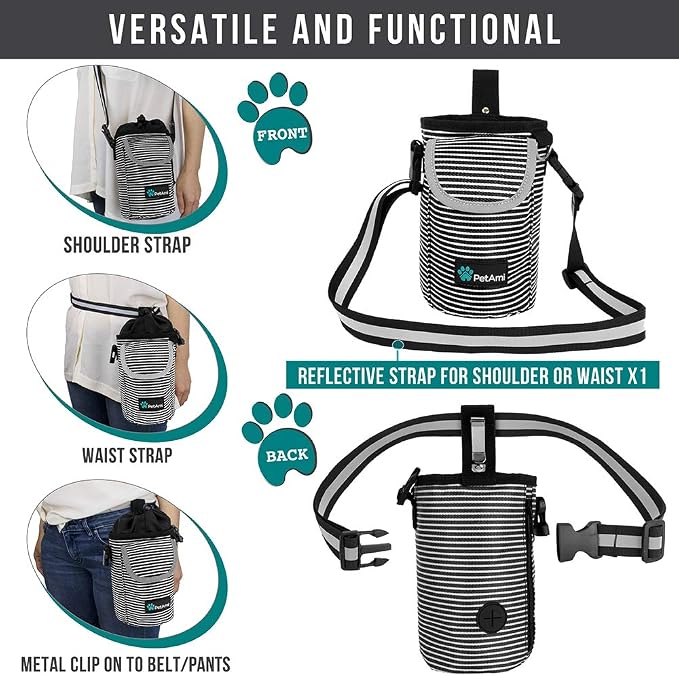 PetAmi Dog Treat Pouch, Large Hands-Free Training Bag, Stripe Black