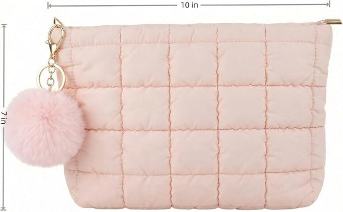 Pink Puffer Quilted Makeup Bag for Women with Furry Keychains - 10" Roomy Puffy Cosmetic Pouch, Travel Toiletry Organizer Bag (PI-Fu-PI)