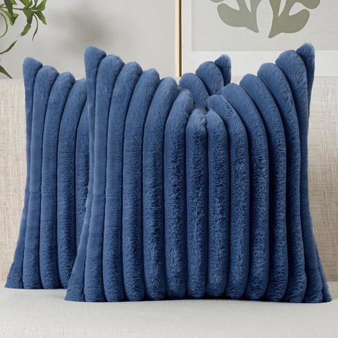 MIULEE Faux Fur Decorative Throw Pillow Covers 20x20 Set of 2 Navy Blue | Coastal Modern Soft Plush Couch Pillows, Cozy Fluffy Cushion Covers for Sofa Bed Living Room Home Decor