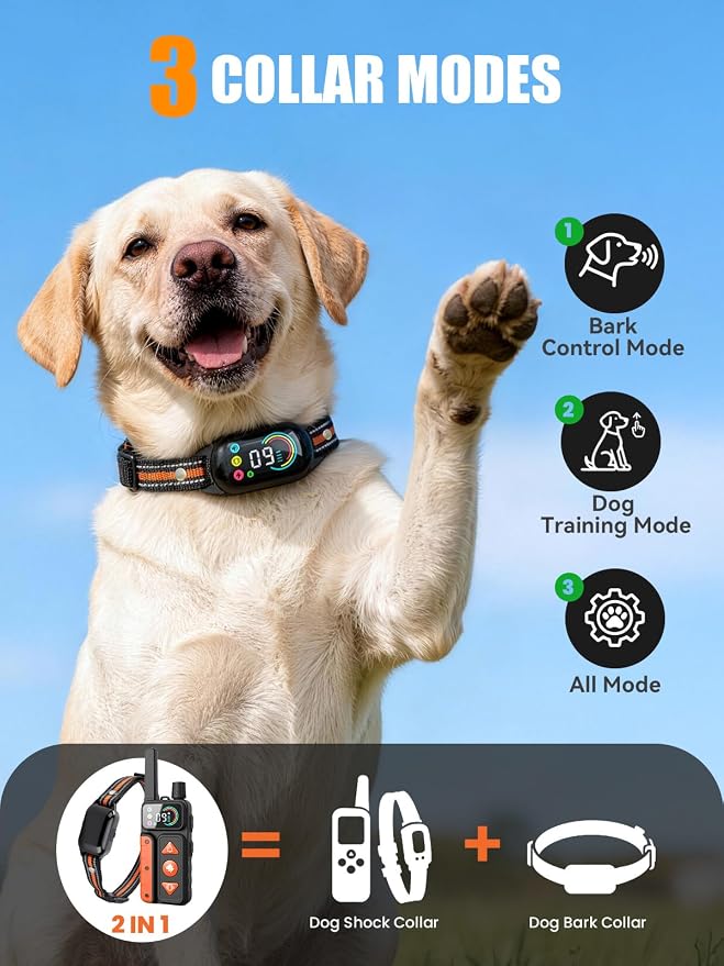 2-in-1 Dog Bark Collar & Shock Collar, IPX7 Waterproof E Collars with AI Anti-Bark/Beep/Vibration/Shock/no Shock for Small Medium Large Dog(5-120Lbs), Dog Training Collar with 3300FT Remote