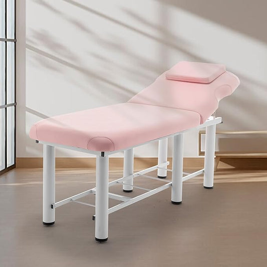 Professional Massage Bed 73 Inch, Treatment Table Salon with Removable Headrest, Stationary Physical Therapy Table Spa Facial with Adjustable Backrest, Steel Frame, Pink
