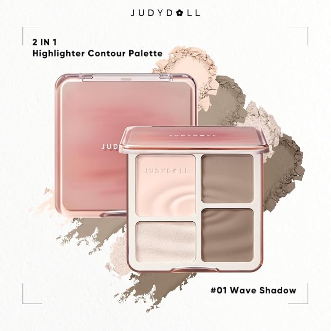 JUDYDOLL Highlight & Contour Palette, All-in-One Matte Highlighter Contour Compact, Natual Finish, Brightening Blendable Face Makeup for Cool Fair and Olive Skin (New Version 01 Wave Shadow Palette)