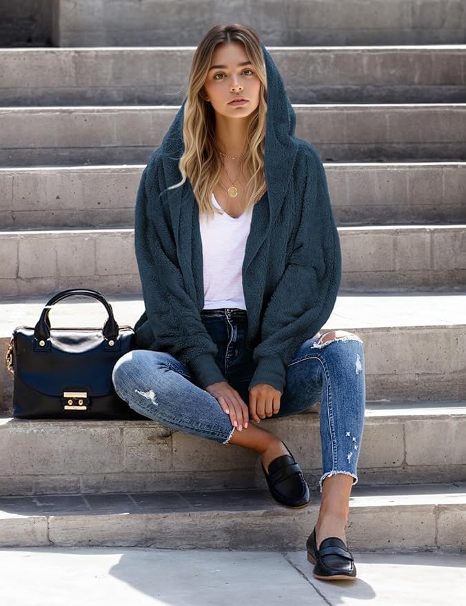 Zilcremo Women Hooded Cardigan Fuzzy Jacket Winter Open Front Fleece Coat Outwear with Pockets