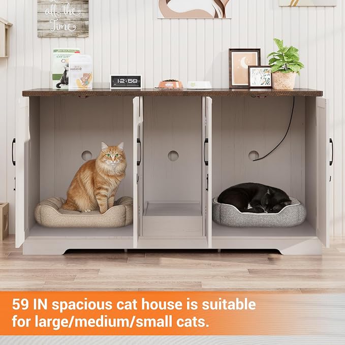 59.1" Cat Litter Box Enclosure for 2 Cats, Hidden Litter Box Furniture with Power Outlet & Removable Hallway, Lockable Door & Anti-Tip Design, Farmhouse Litter Box Cabinet with Magnetic Door, White