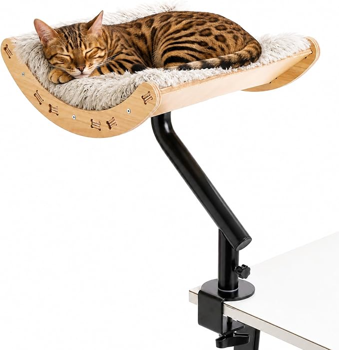 PEQULTI Desk Cat Bed, 360° Rotating Clamp-On Cat Hammock, Wood, Beige | Clamps to desk edge (2.4", no drilling); holds 50 lbs; 360° rotating perch, 11.8" high; removable washable cushion