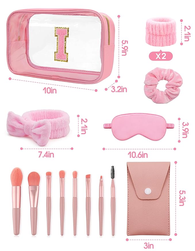 Gift Sets for Women, Initial Makeup Bag with Makeup Brush Set Bachelorette Party Favors, Pink Spa Kit with Skincare Headbands Wrist Bands Sleepover Party Supplies Gifts for Teen Girls Bridesmaid I