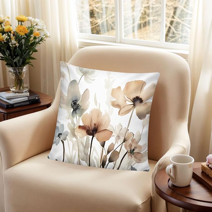 Watercolor Throw Pillow Covers 18x18 Set of 6, Botanical Floral Home Decor | Artistic floral, Standard Throw Pillow Size, Breathable Linen, Neutral flower, Couch Sofa Living Room, spring summer decor