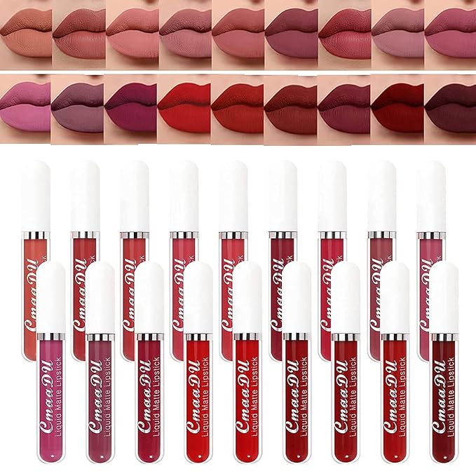 18 colors Matte Velvety Liquid Lipstick Set, Long Lasting Lip Stain Waterproof Non-Stick Cup Liquid Lipgloss Set, High Pigmented Velvet Lip Gloss Kit